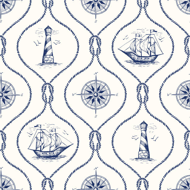 Vintage Hand-Drawn Rope Ogee Vector Seamless Pattern with Lighthouse, Sea Compass, Ship and Nautical Reef Knot. Blue and Red Marine Diamond Shape Background. Sailing Objects.