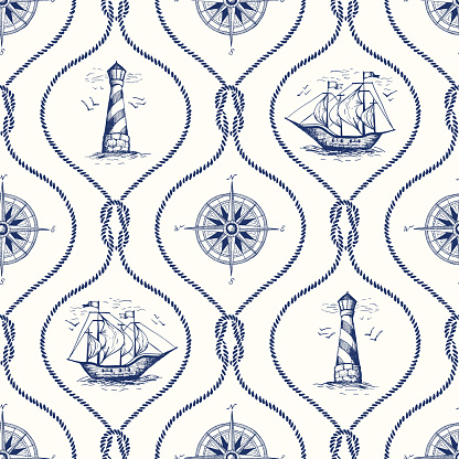 Vintage Hand-Drawn Rope Ogee Vector Seamless Pattern with Lighthouse, Sea Compass, Ship and Nautical Reef Knot. Blue and Red Marine Diamond Shape Background. Sailing Objects.