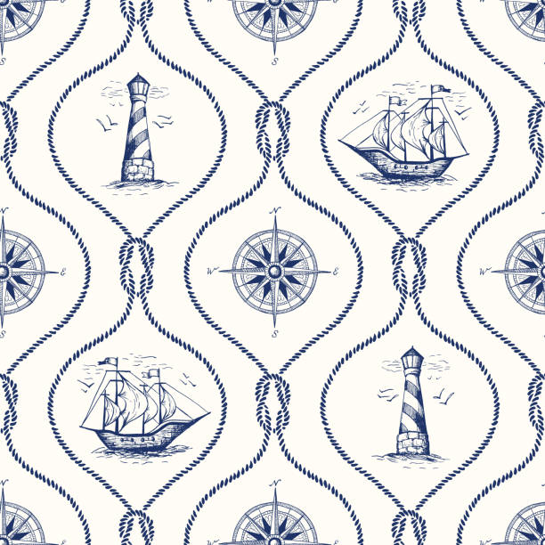Vintage Hand-Drawn Rope Ogee Vector Seamless Pattern with Lighthouse, Sea Compass, Ship and Nautical Reef Knot. Vintage Hand-Drawn Rope Ogee Vector Seamless Pattern with Lighthouse, Sea Compass, Ship and Nautical Reef Knot. Blue and Red Marine Diamond Shape Background. Sailing Objects. Smart Casual stock illustrations