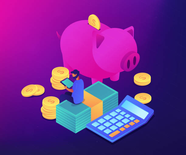 Budget control app isometric 3D concept illustration. Businessman sitting on banknotes at piggy bank tracking income, expences. Budget control app, home budget application, accounting services concept. Ultraviolet neon vector isometric 3D illustration. piggy bank calculator stock illustrations