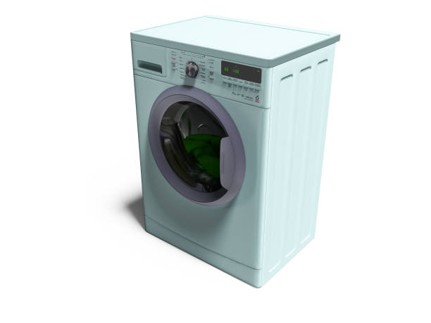 istock Modern blue washing machine with things in the water 3d render on white background with shadow 1135324582