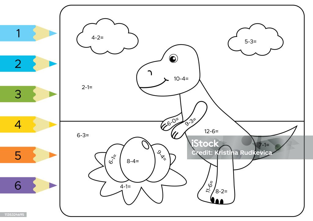Basic RGB Educational coloring page for kids. Paint color by subtraction numbers. Funny cartoon dinosaur Tyrannosaurus Rex with eggs in nest. Vector illustration. Worksheet stock vector