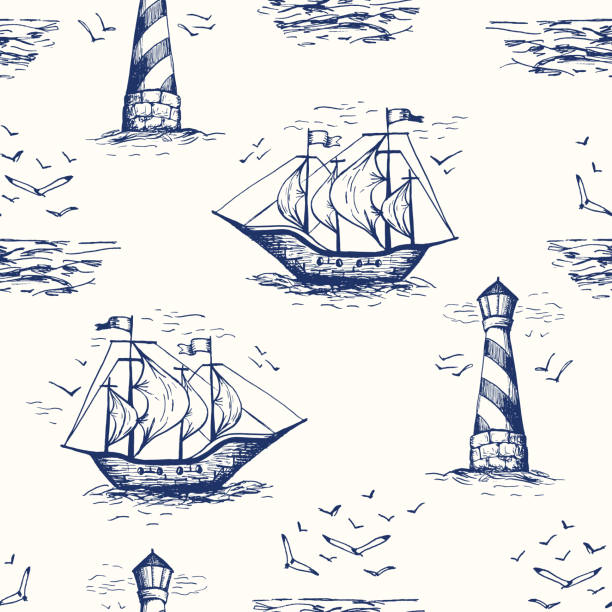 Vintage Hand-Drawn Nautical Toile De Jouy Vector Seamless Pattern with Lighthouse, Seagulls, Seaside Scenery and Ships. Monochrome Blue Marine Background. Sea, Ocean Elements.