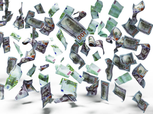 istock New one hundred dollars and one hundred euro banknotes fall on the floor 3d render on white background with shadow 1135325782