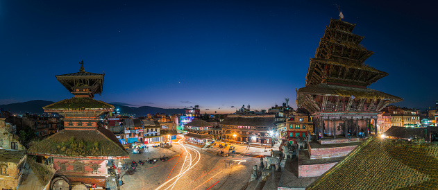 Stars shining above the ancient towers of Taumadhi Square in Bhaktapur, the UNESCO World Heritage Site in Kathmandu, Nepal's vibrant capital city.