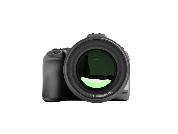 istock New professional zoom camera front view 3d render on white background no shadow 1135325930