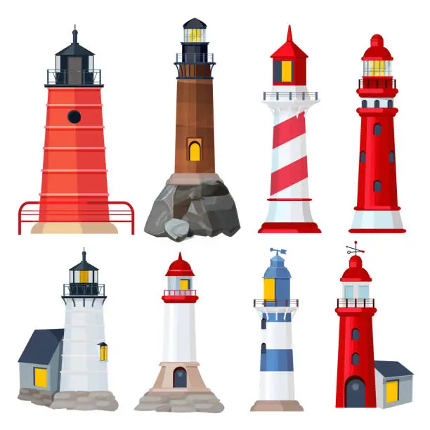 Vector illustration of Lighthouses collection. Night sailing building in seaport security searchlights vector illustrations