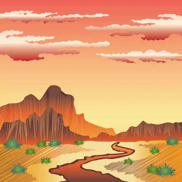 Vector illustration of Desert sunset road in red color