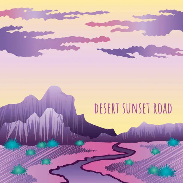 Vector illustration of Desert sunset road in purple color