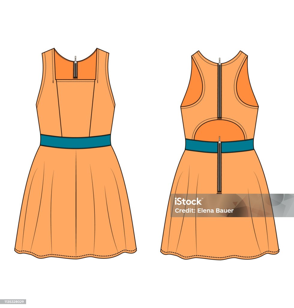 Fashion technical sketch of dress in vector graphic Vector illustration of dress. Front and back views Adult stock vector