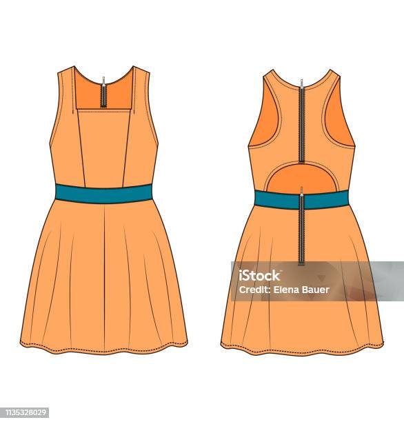 Fashion Technical Sketch Of Dress In Vector Graphic Stock Illustration - Download Image Now