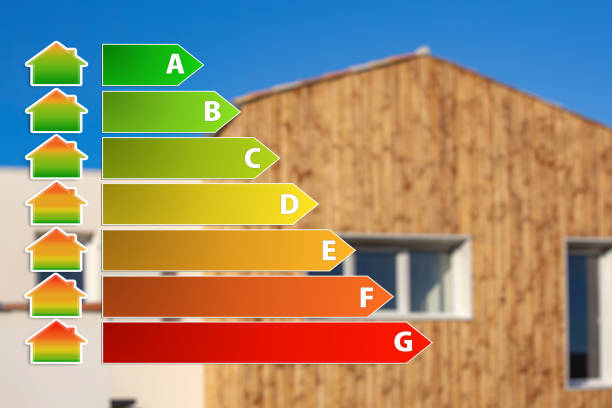 istock Low energy house concept with energy diagram in foreground 1135328102