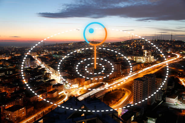 Map pin flat of network connection in city