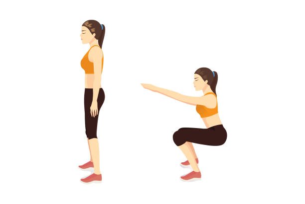 ilustrações, clipart, desenhos animados e ícones de guia do exercício pela mulher que faz o agachamento do ar em 2 etapas na vista lateral para fortalece o corpo mais baixo inteiro. - crouching