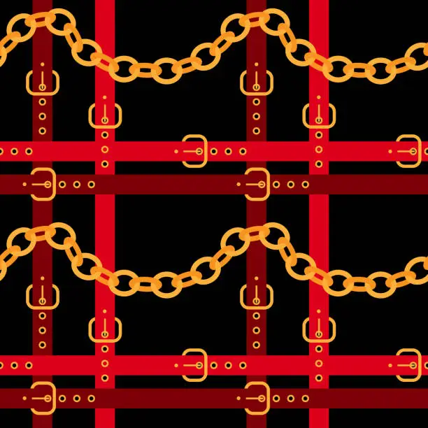 Vector illustration of Chain and belt seamless pattern design. Golden chains with red belts on a black background