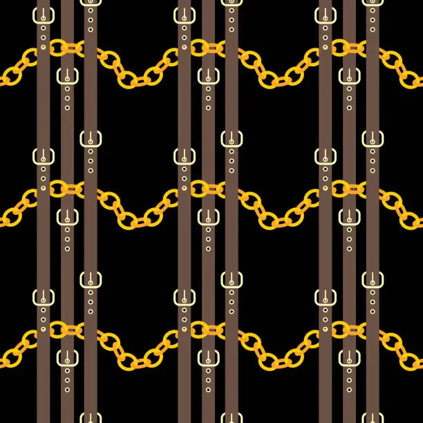 Vector illustration of Golden chains with brown belts on a black background