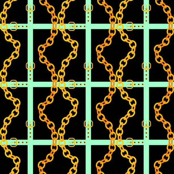 Vector illustration of Chain and belt seamless pattern design. Golden chains with mint green belts on a black background