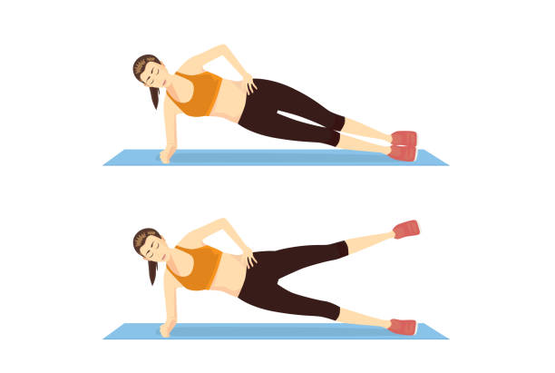 wanita melakukan side plank hip abduction panduan latihan dalam 2 langkah. - berbaring-posisi-fisik ilustrasi stok