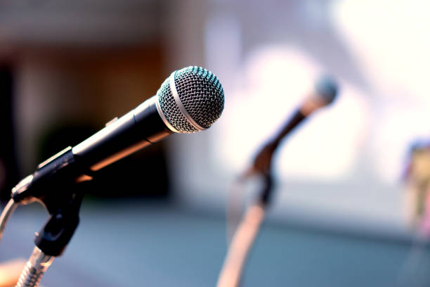 istock Microphone in the meeting room, where the light is bright 1135331929