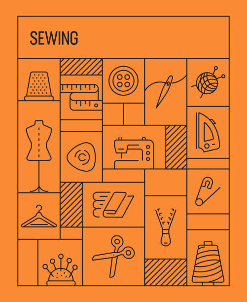 ilustrações, clipart, desenhos animados e ícones de conceito sewing. bandeira retro geométrica do estilo e conceito do poster com linha ícones relacionados sewing - needle craft tailor sewing
