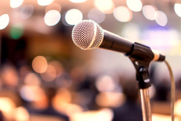 istock Microphone in the meeting room, where the light is bright 1135332721