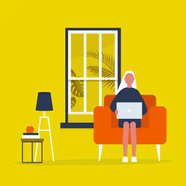 Vector illustration of Young female character sitting with a laptop in a living room. Modern office interior. Millennials at work. Flat editable vector illustration, clip art