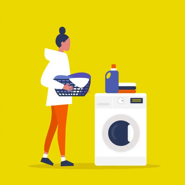Vector illustration of Young female character holding a laundry basket. Laundromat. Detergent. Daily chores concept. Flat editable vector illustration, clip art