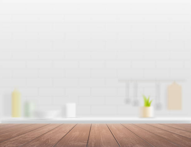 Wooden table on a defocused kitchen interior background. Wooden table on a defocused kitchen interior background. Vector illustration. wood table stock illustrations