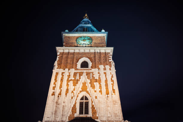 Town Hall Tower in Krakow, Poland is one of the main focal points of the Main Market Square in the Old Town district of Krakow.\nThe Tower is the only remaining part of the old Kraków Town Hall (Ratusz, see painting, below) demolished in 1820 as part of the city plan to open up the Main Square.
