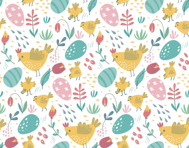 illustrations, cliparts, dessins animés et icônes de motif sans soudure de vecteur avec des lapins, poulet et fleurs. - decoration eggs leaf easter