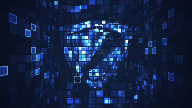 istock Abstract blue cyber digital technology graphic background. Internet protection security illustration concept. Shield computer virus hacker attack. 1135338665