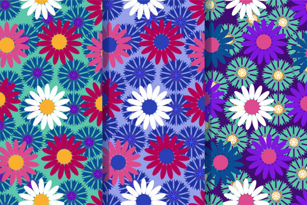 istock Set of three seamless patterns with cornflowers and chamomiles in one style. Colorful illustration. Clipping mask applied. 1135338849