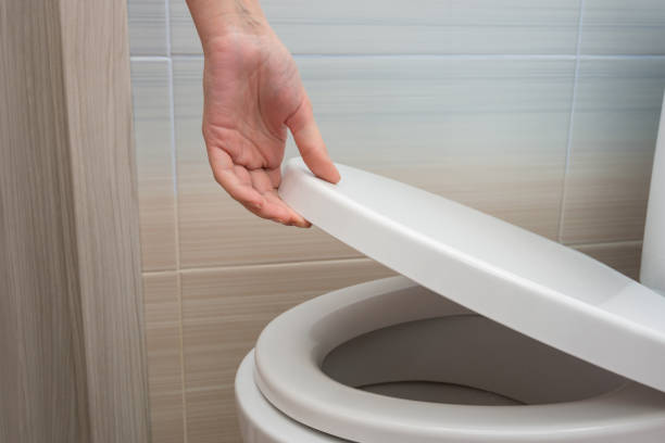 istock The hand closes or opens the toilet lid 1135339546