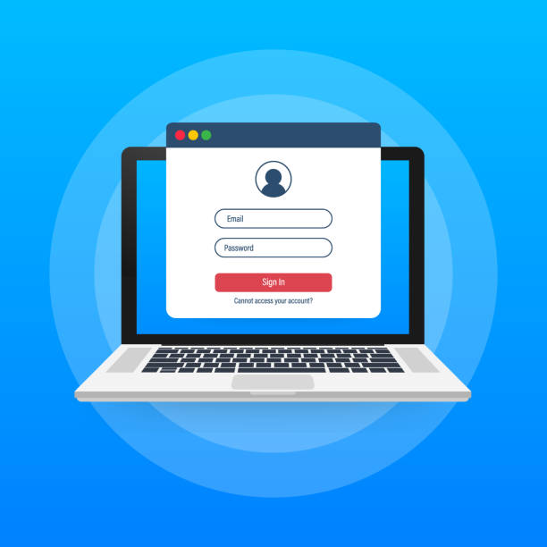 ラップトップの画面上のログインページ。ノートブックとオンラインログインフォーム、サインインページ。ユーザープロファイル、アカウントの概念へのアクセス。ベクターイラスト。 - password点のイラスト素材／クリップアート素材／マンガ素材／アイコン素材