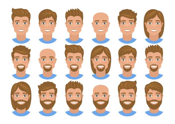 Set of mens avatars with various hairstyles: long or short hair, bald, with beard or without. Blonde hair, blue eyes. Cartoon portraits isolated on white background. Flat style. Vector illustration. blond hair illustrations stock illustrations