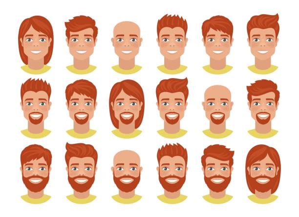 ilustrações, clipart, desenhos animados e ícones de conjunto de avatares mens com vários penteados: cabelos longos ou curtos, careca, com barba ou sem. - stubble