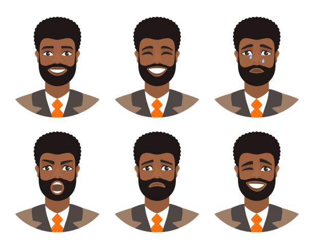 Set of mens avatars expressing various emotions: joy, sadness, laughter, tears, anger, disgust, cry. Businessman with dark curly hair and brown eyes. Cartoon character isolated on a white background. afro man stock illustrations