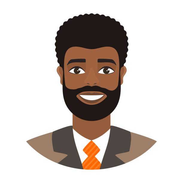 Portrait of smiling afro man. Bearded businessman in suit and orange tie. Dark curly hair and brown eyes. Flat cartoon character isolated on a white background. Vector illustration. afro man stock illustrations