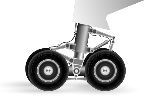 The chassis of the modern aircraft when landing on the runway. Wheels rotate rapidly