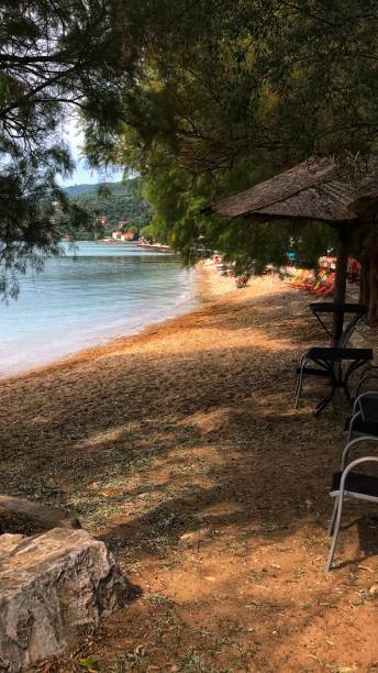 istock Scenic view on azure Mediterranean sea from beach cafe under fir tree 1135344631