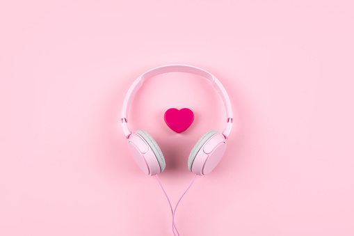 Pink Headphones And Heart On Pink Background Minimal Music Concept Top View  Flat Lay Stock Photo - Download Image Now - iStock