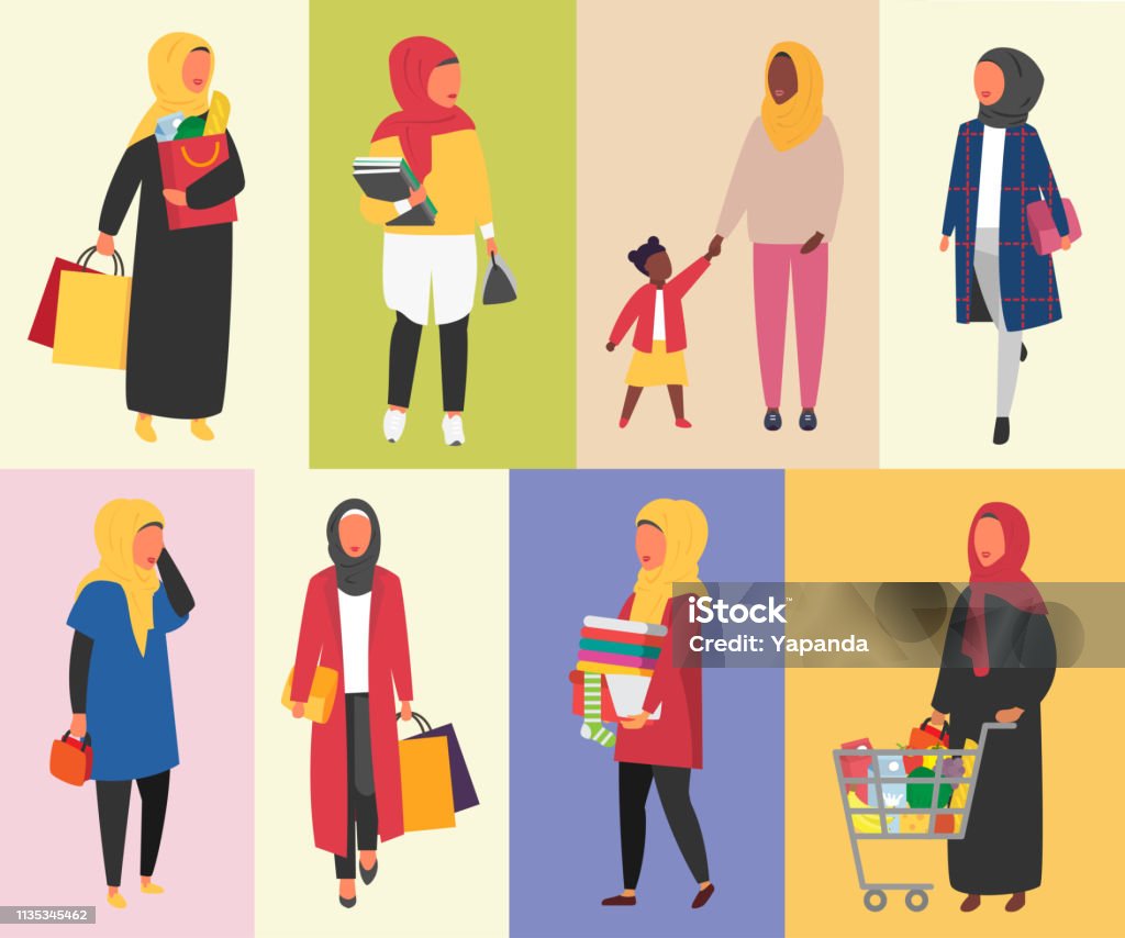 hijab 穆斯林婦女每日常規向量例證 - 免版稅女人圖庫向量圖形