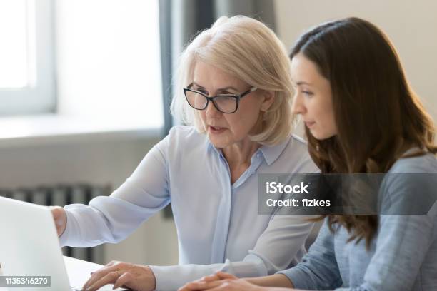 Foto de Estagiário De Ensino Do Mentor Ou Estudante Velho Sério Que Aponta No Portátil e mais fotos de stock de Mentoria