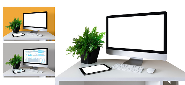 Mockup of workplace with computer and tablet isolated on white with examples of use
