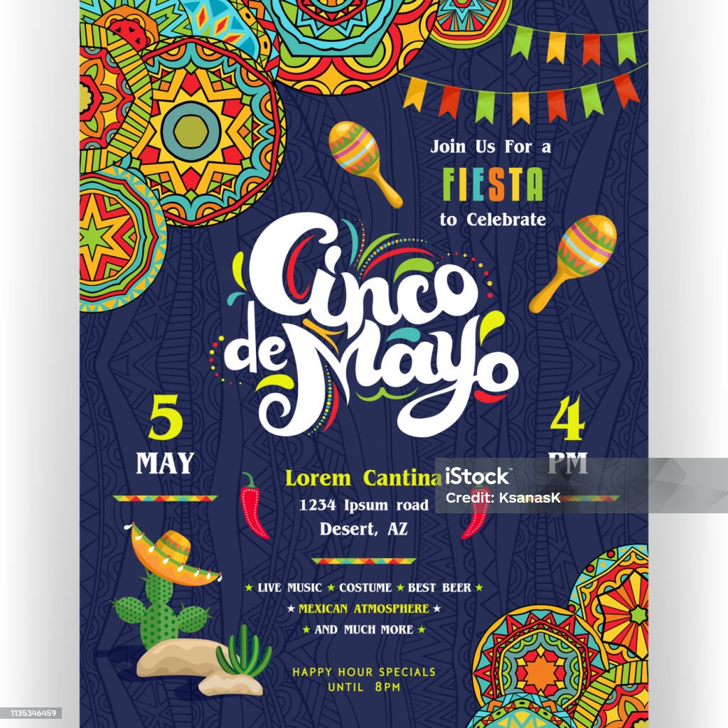 Cinco De Mayo announcing poster template with creative lettering. Text customized for invitation for fiesta party. Maracas and cactus in sombrero. Mexican style ornaments for border and background. Vector illustration. Cinco de Mayo stock vector