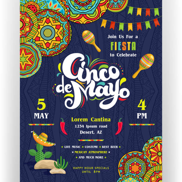 Cinco De Mayo announcing poster template with creative lettering. Text customized for invitation for fiesta party. Maracas and cactus in sombrero. Mexican style ornaments for border and background. Vector illustration. mexico illustrations stock illustrations