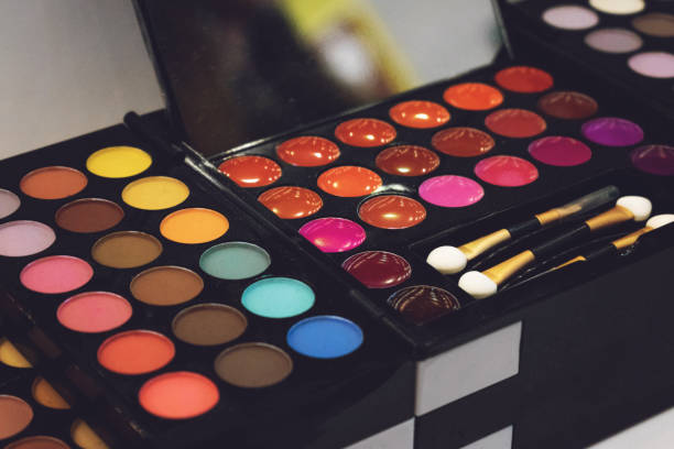 istock Makeup Kit for professional makeup. Bright Color eye shadow palette, set. Closeup of professional makeup kit. 1135348643