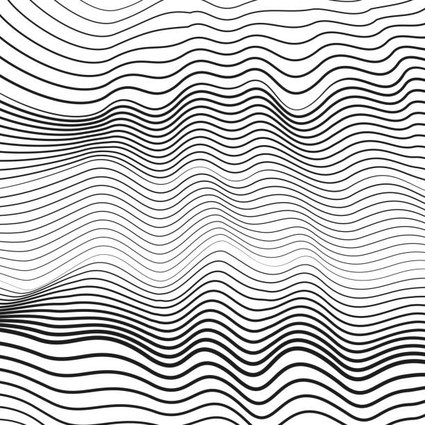 물결의 얇은 라인. 흑백 동적 파도입니다. 벡터 단색 유체 패턴입니다. 추상 op 아트 디자인입니다. 창조적 인 미묘한 곡선. 기술 현대 배경, 리플 표면. eps10 일러스트 - abstract communication wave pattern striped stock illustrations