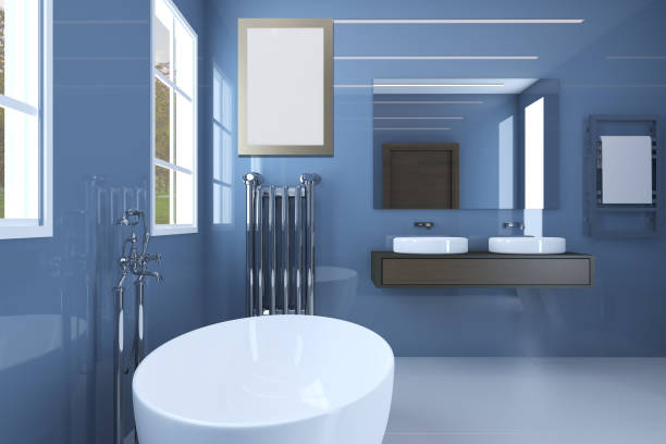 istock Spacious bathroom in gray tones with heated floors, freestanding tub. 3D rendering. 1135349267