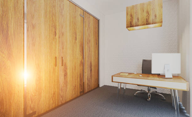 istock Modern office with wooden partitions. 3D rendering. Sunset. mockup 1135350590